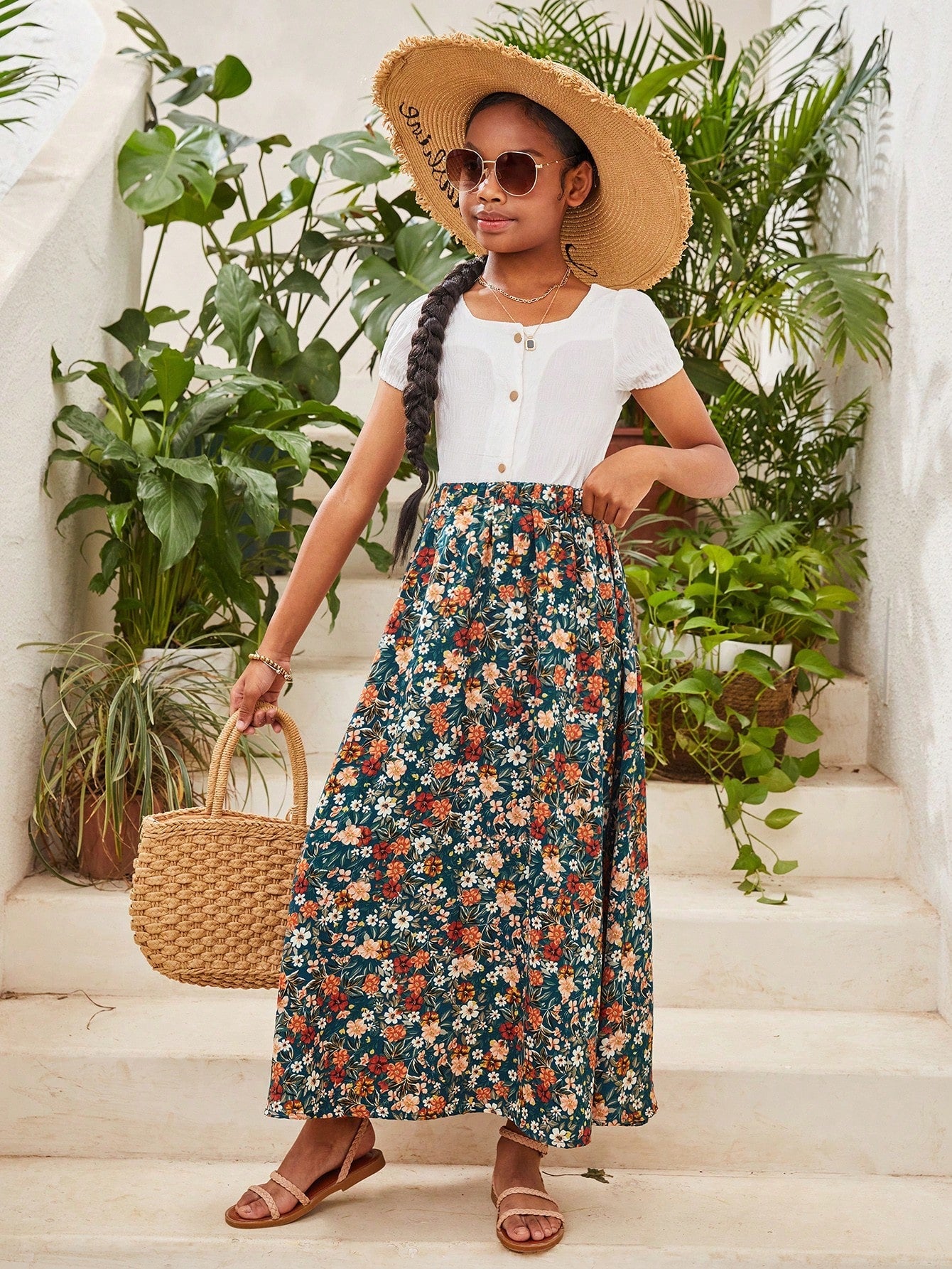 Boho Floral Print Skirt for Tween Girls - Long, Flared, Natural Waist, Vacation Ready