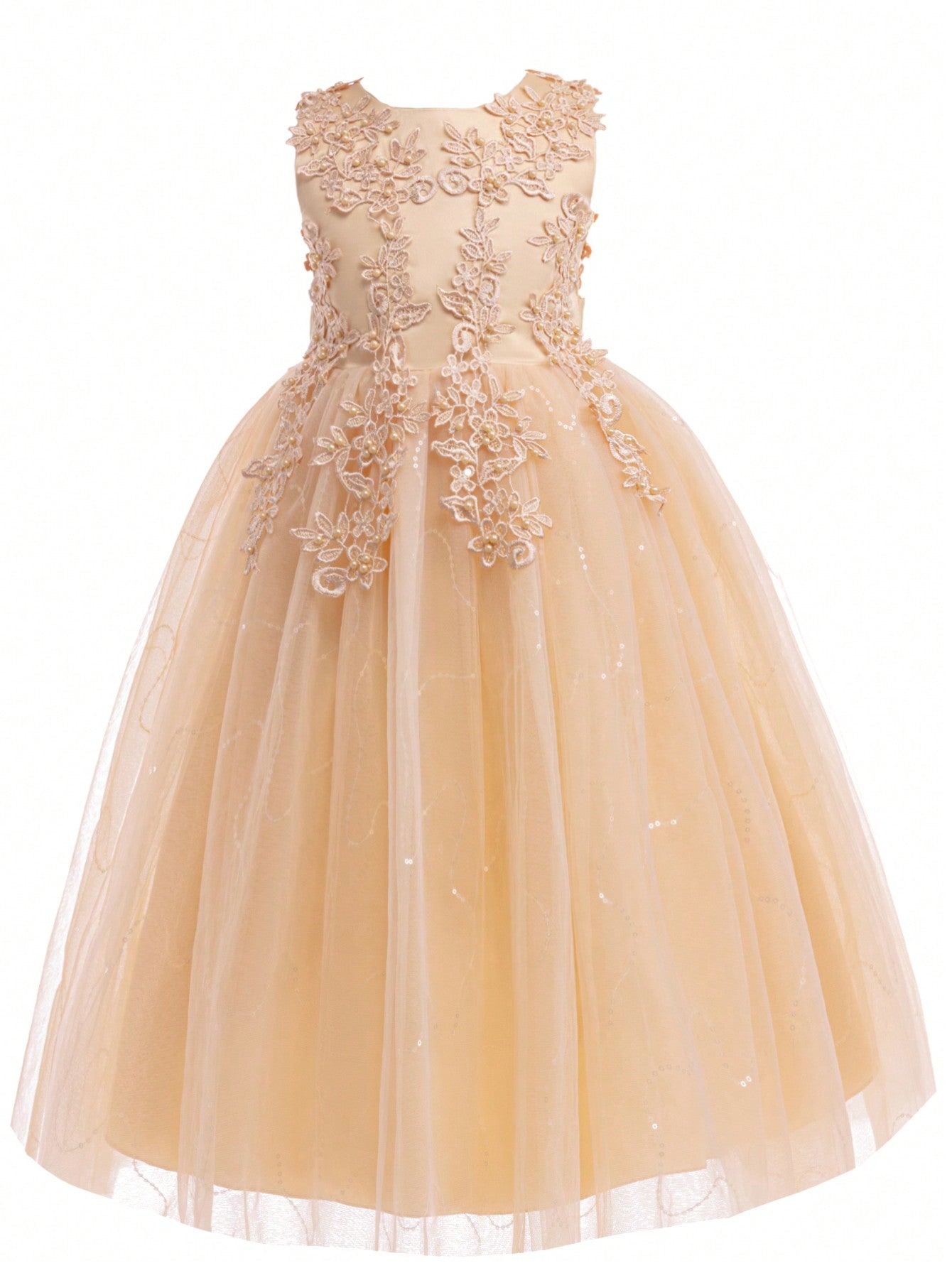 Tween Girl Lace Beaded Party Dress - Sleeveless Fit & Flare Ball Gown