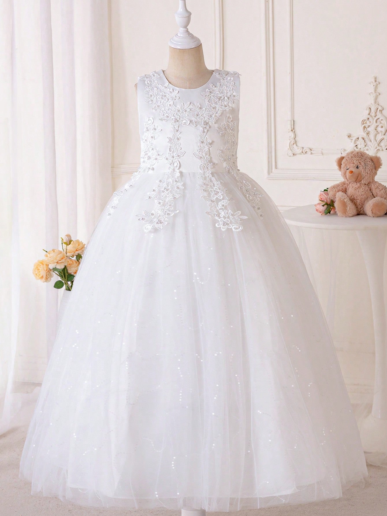 Tween Girl Lace Beaded Party Dress - Sleeveless Fit & Flare Ball Gown