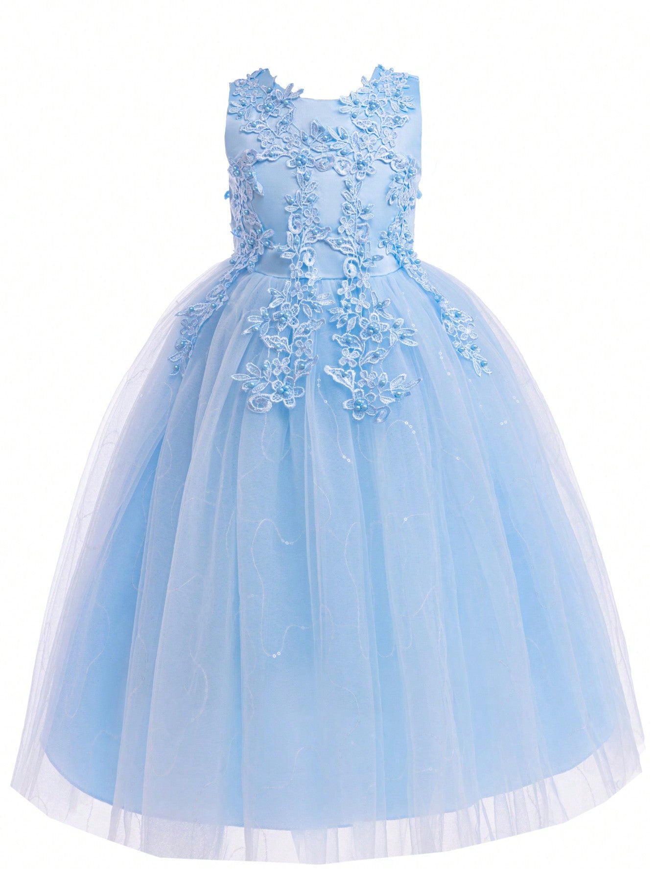 Tween Girl Lace Beaded Party Dress - Sleeveless Fit & Flare Ball Gown