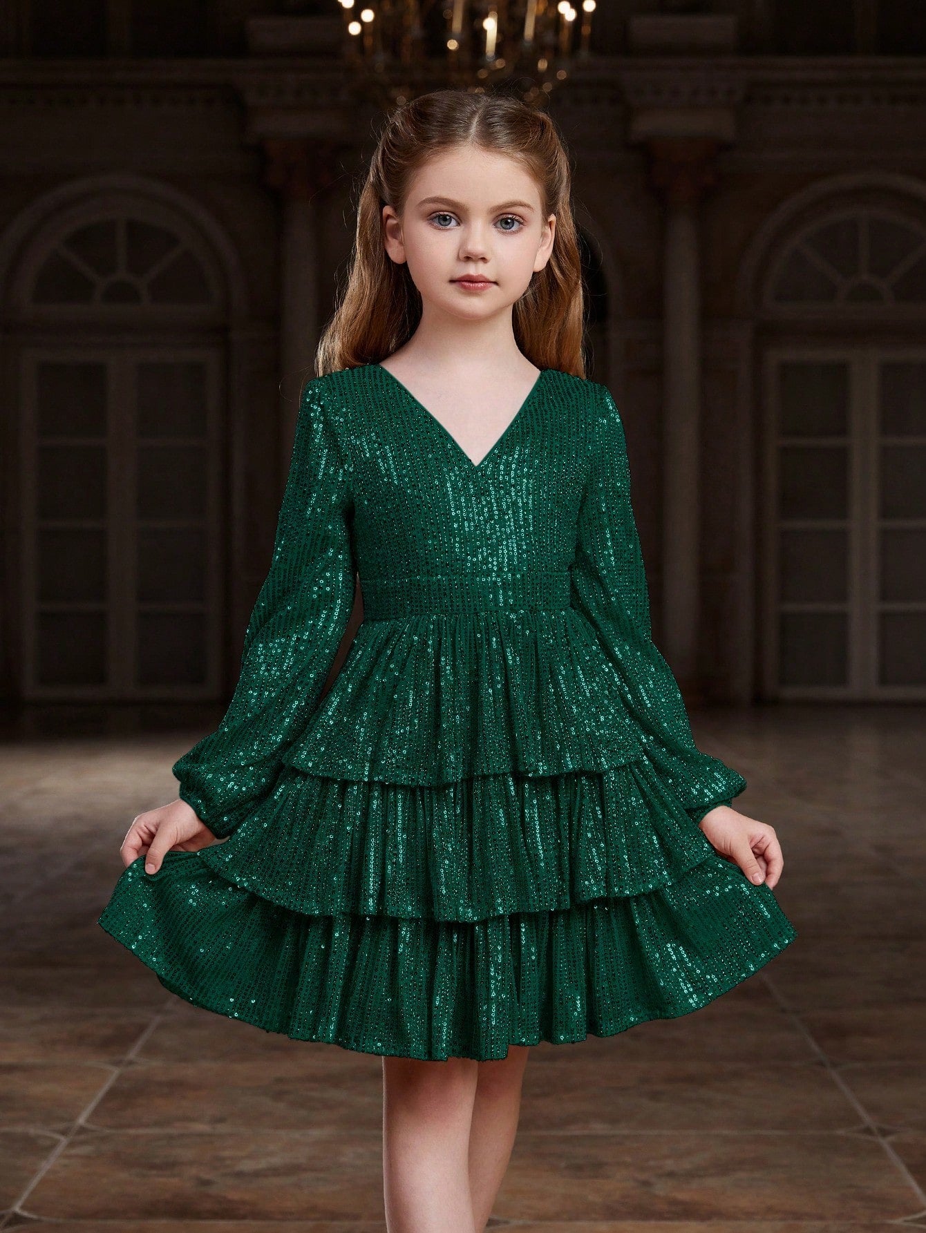 Tween Girl Sequin Party Dress - V Neck, Long Bishop Sleeves, Tiered Hem, Midi Length