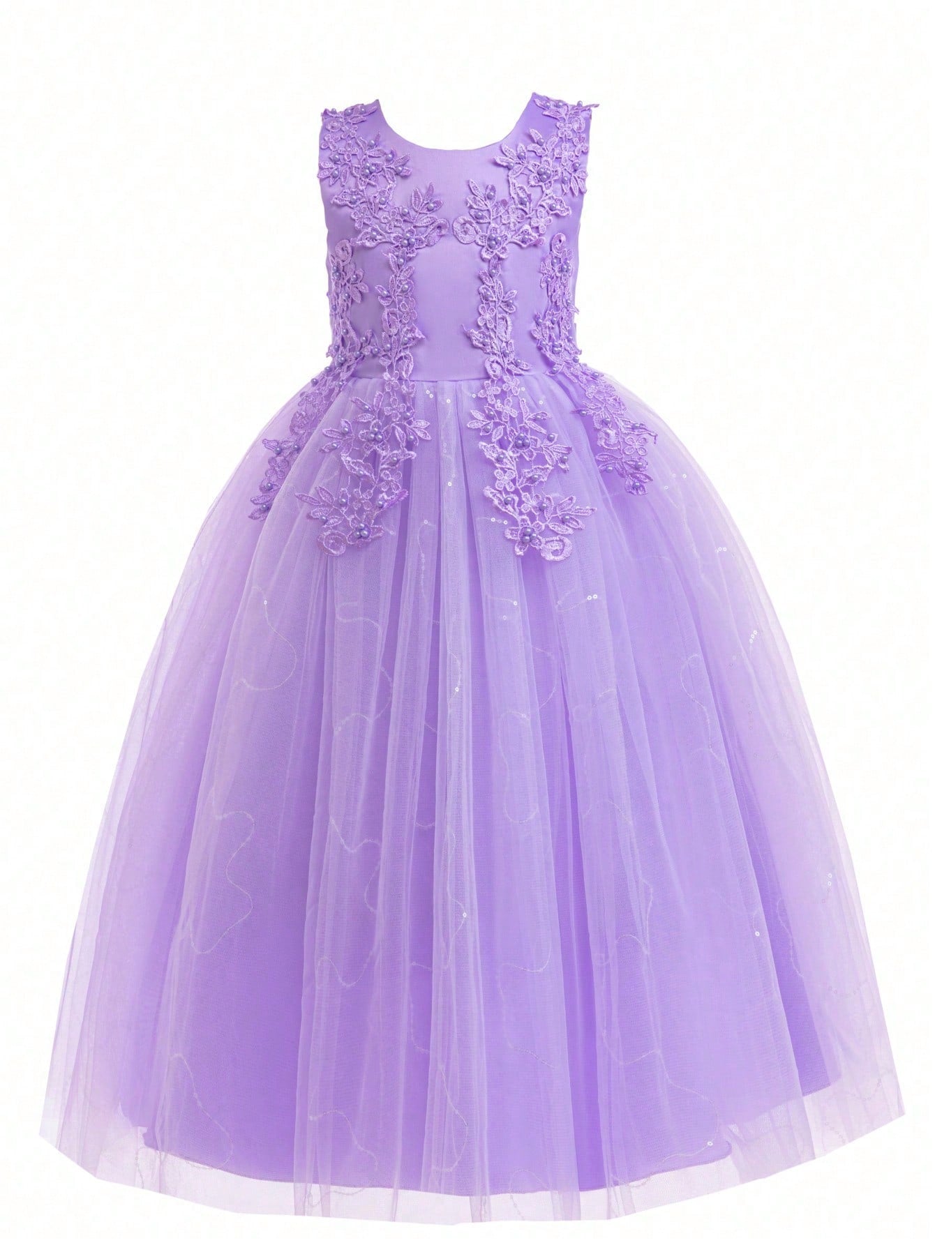 Tween Girl Lace Beaded Party Dress - Sleeveless Fit & Flare Ball Gown