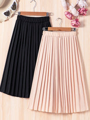 Tween Girl Casual Pleated Skirt - Elastic Waist, Short Length, Slight Stretch Fabric