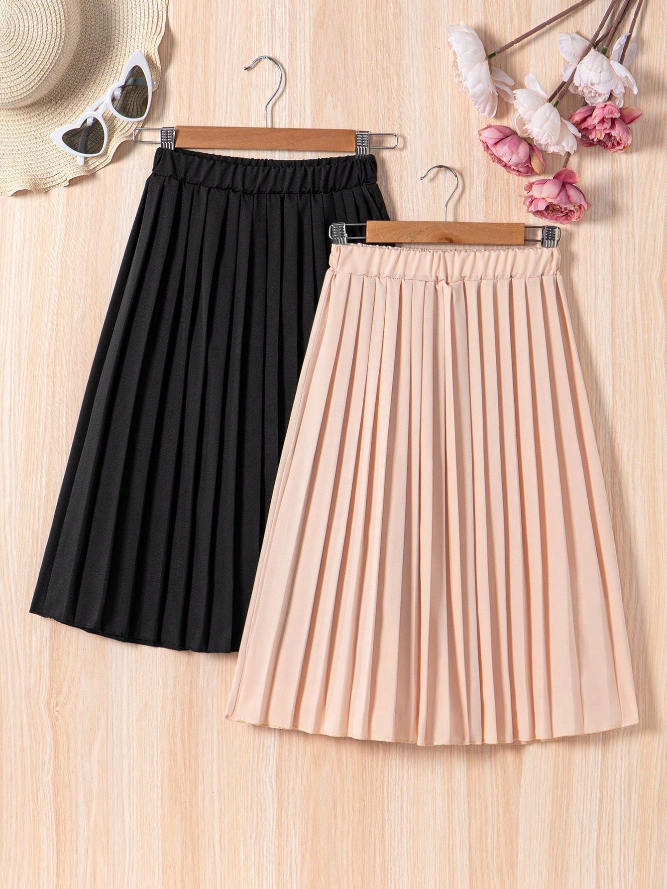 Tween Girl Casual Pleated Skirt - Elastic Waist, Short Length, Slight Stretch Fabric