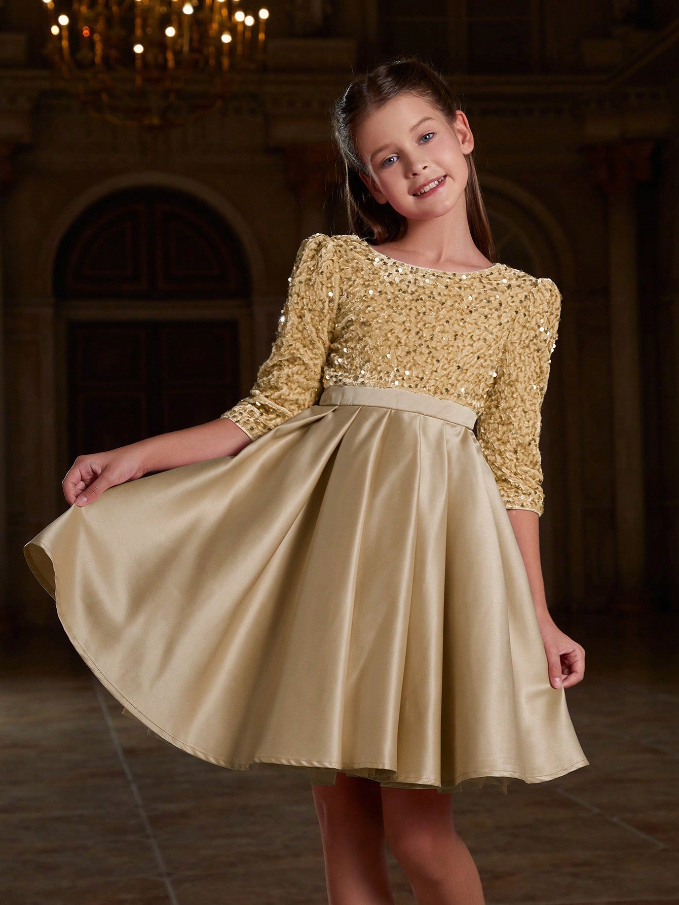 Tween Girls' Party Dress - Sequined Bodice, Pleated Detail, Satin Hem, Puff Sleeves