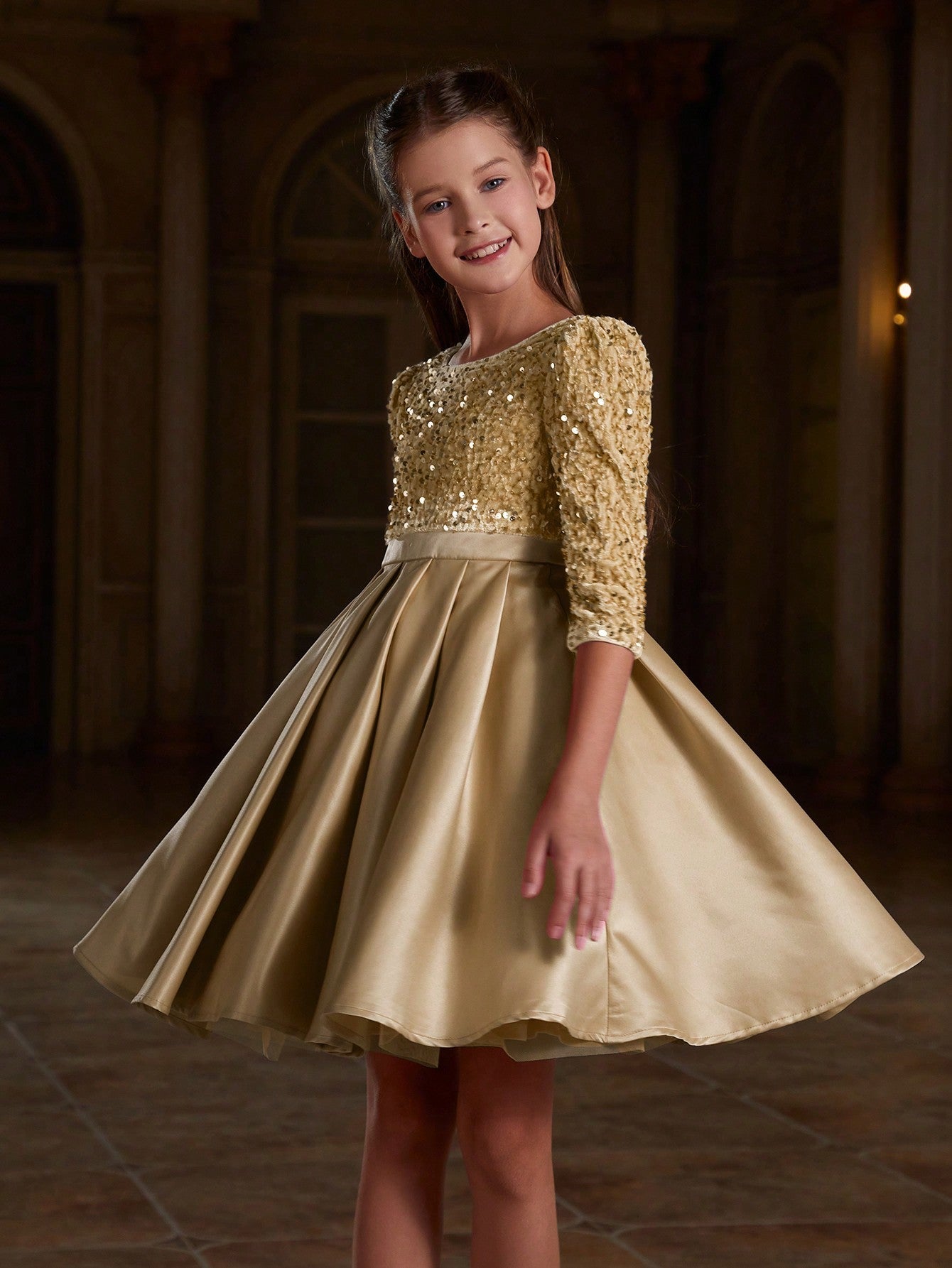 Tween Girls' Party Dress - Sequined Bodice, Pleated Detail, Satin Hem, Puff Sleeves