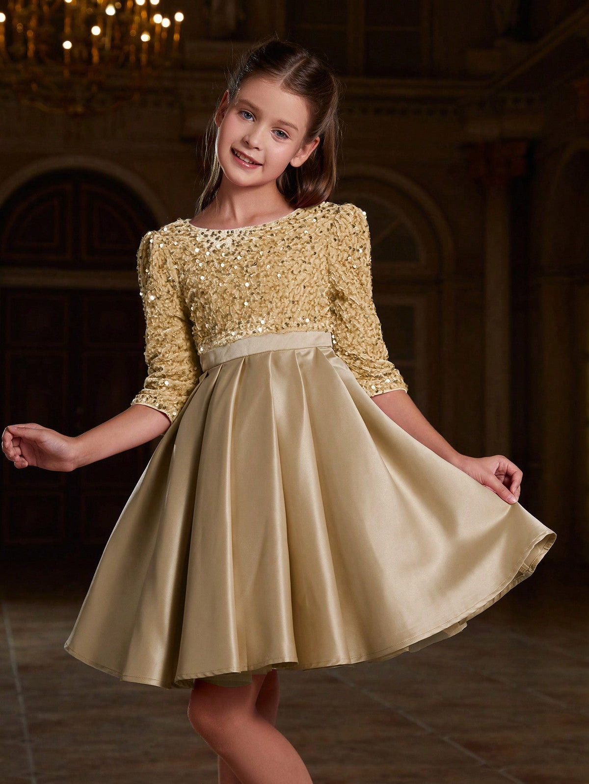 Tween Girls' Party Dress - Sequined Bodice, Pleated Detail, Satin Hem, Puff Sleeves