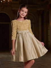 Tween Girls' Party Dress - Sequined Bodice, Pleated Detail, Satin Hem, Puff Sleeves