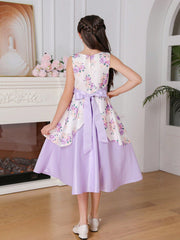 Elegant Tween Girl Flower Print Sleeveless Party Dress with Bow-Knot and Satin Hem