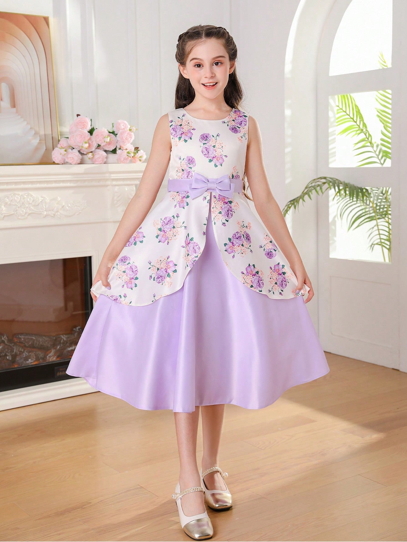 Elegant Tween Girl Flower Print Sleeveless Party Dress with Bow-Knot and Satin Hem