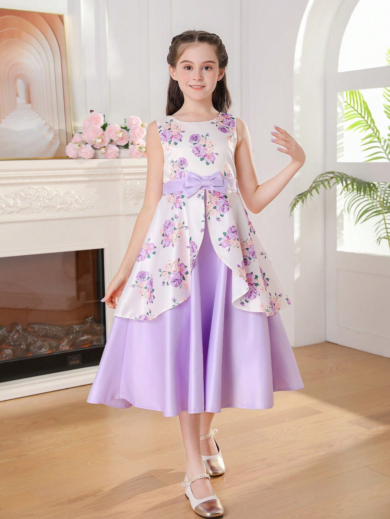 Elegant Tween Girl Flower Print Sleeveless Party Dress with Bow-Knot and Satin Hem