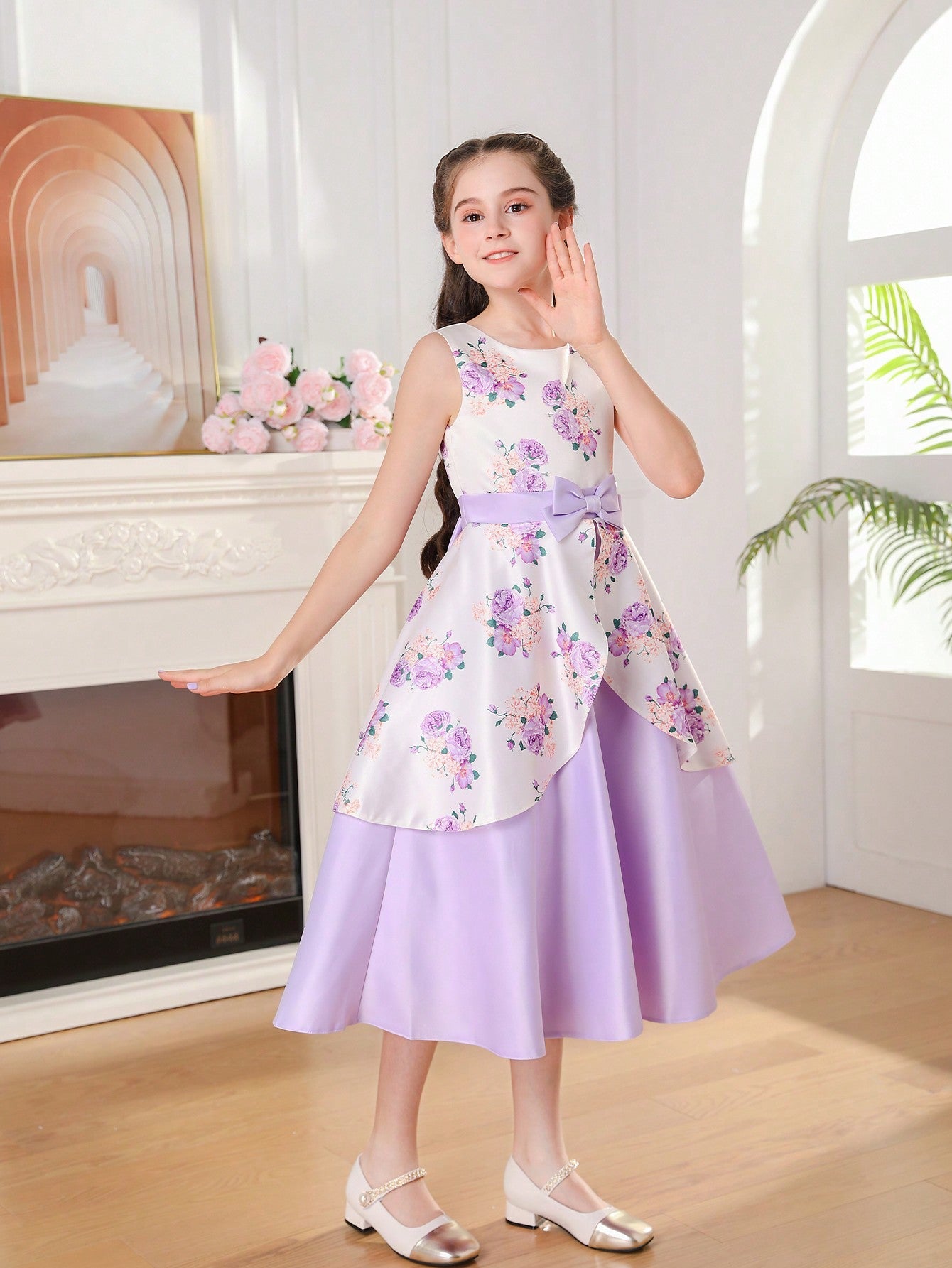 Elegant Tween Girl Flower Print Sleeveless Party Dress with Bow-Knot and Satin Hem