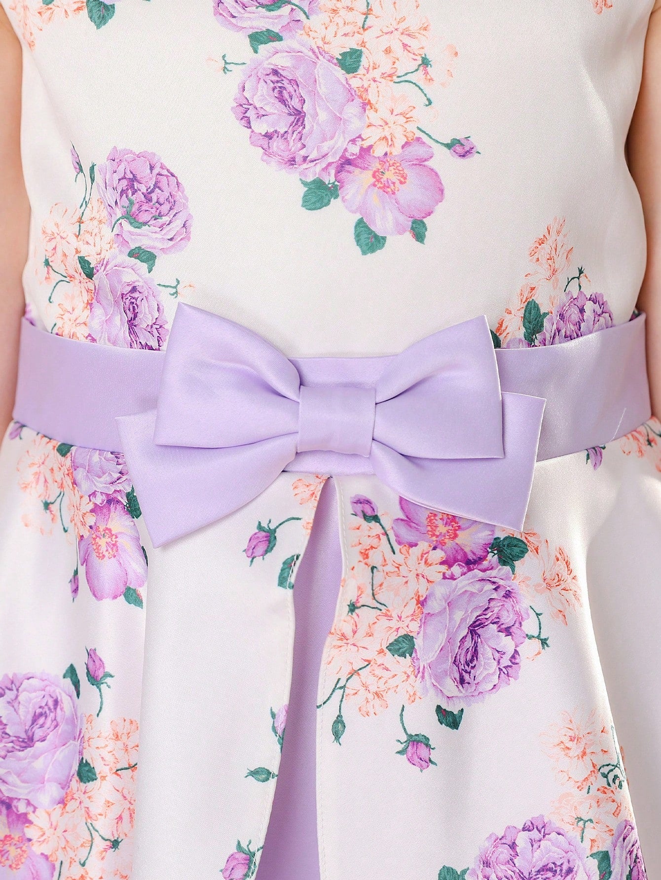 Elegant Tween Girl Flower Print Sleeveless Party Dress with Bow-Knot and Satin Hem