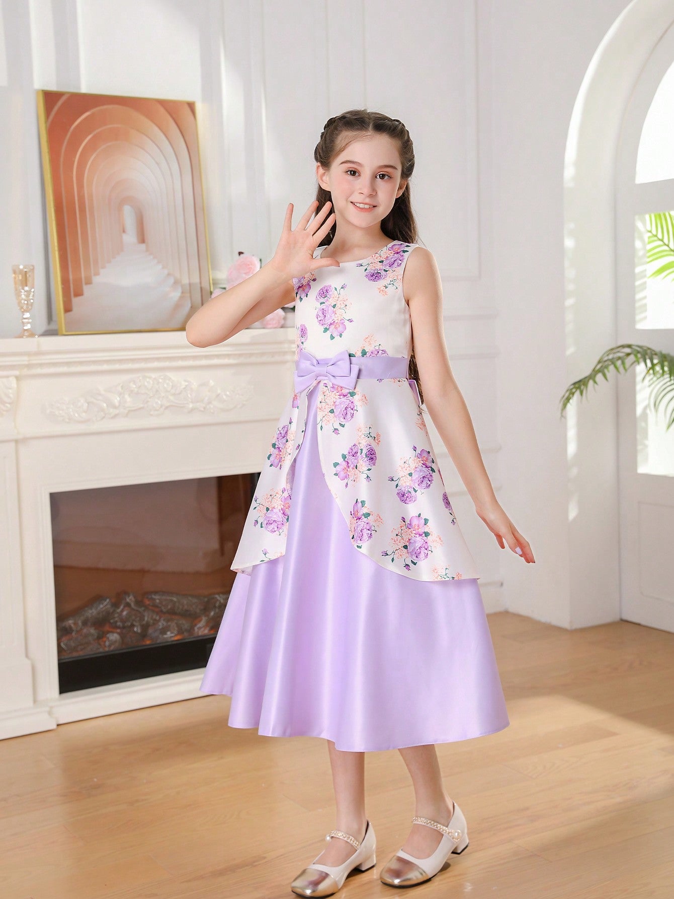 Elegant Tween Girl Flower Print Sleeveless Party Dress with Bow-Knot and Satin Hem