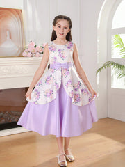 Elegant Tween Girl Flower Print Sleeveless Party Dress with Bow-Knot and Satin Hem