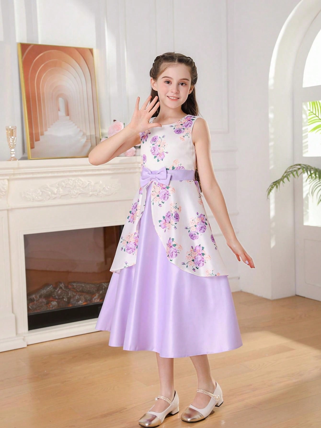 Elegant Tween Girl Flower Print Sleeveless Party Dress with Bow-Knot and Satin Hem