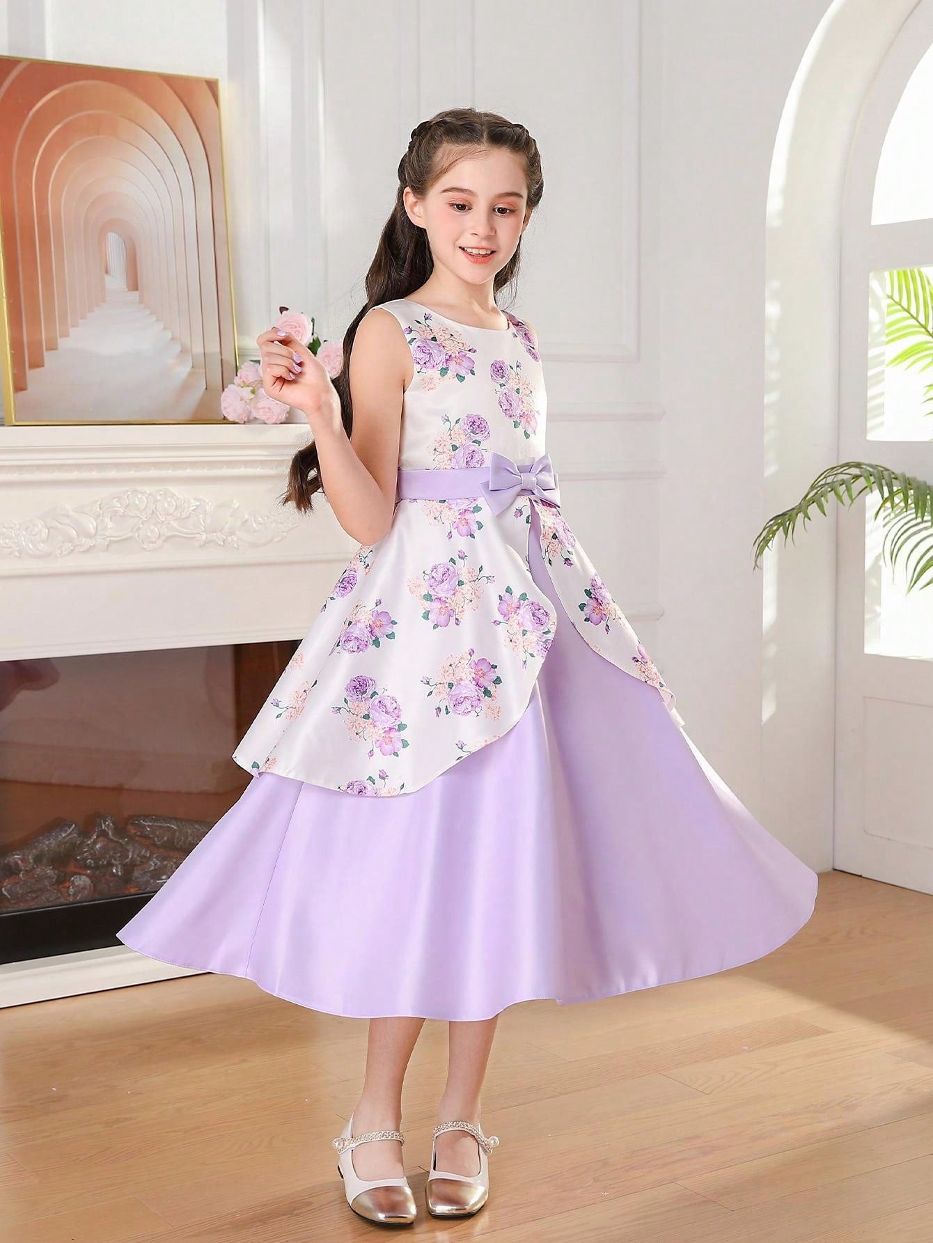 Elegant Tween Girl Flower Print Sleeveless Party Dress with Bow-Knot and Satin Hem