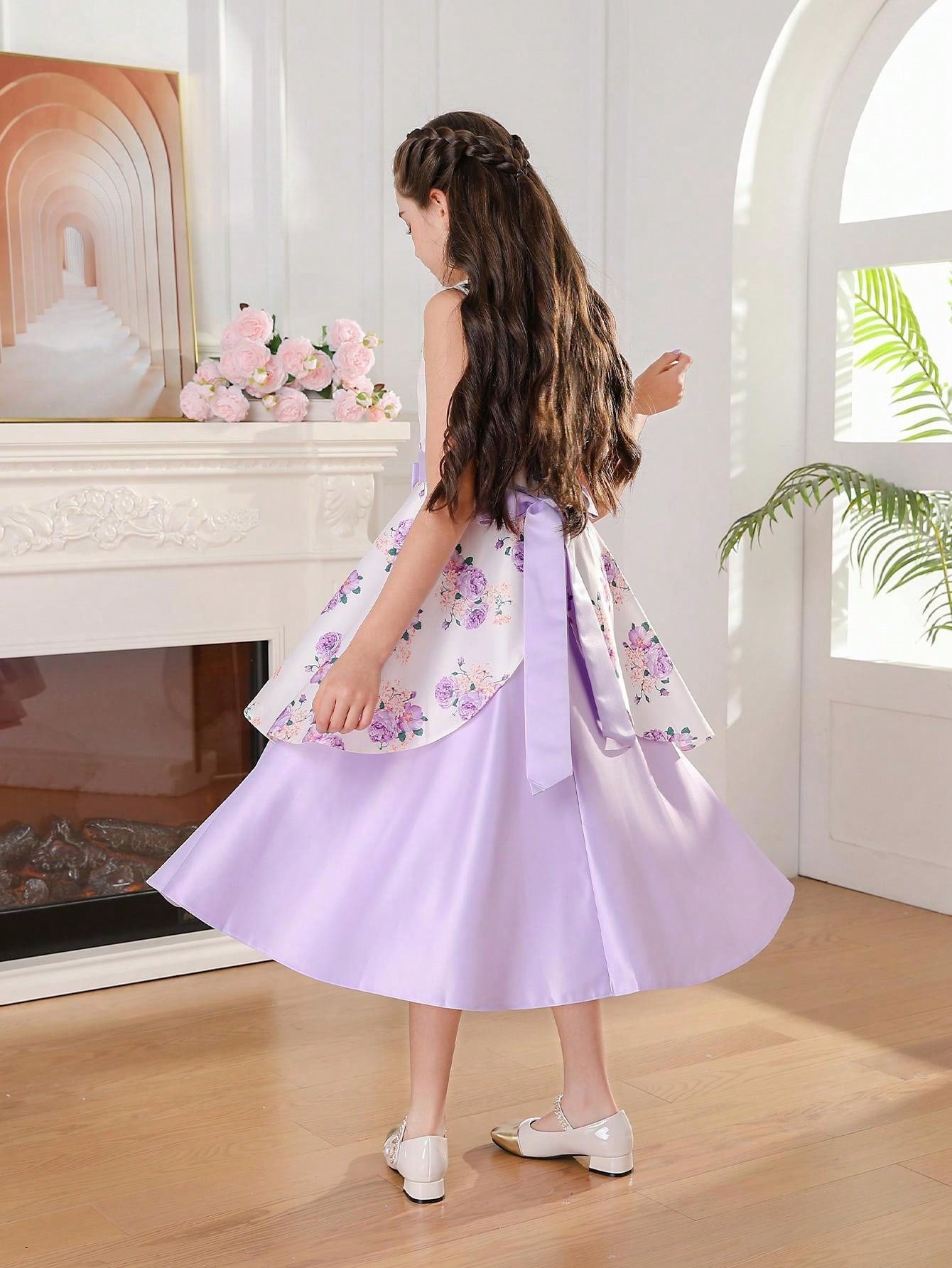 Elegant Tween Girl Flower Print Sleeveless Party Dress with Bow-Knot and Satin Hem