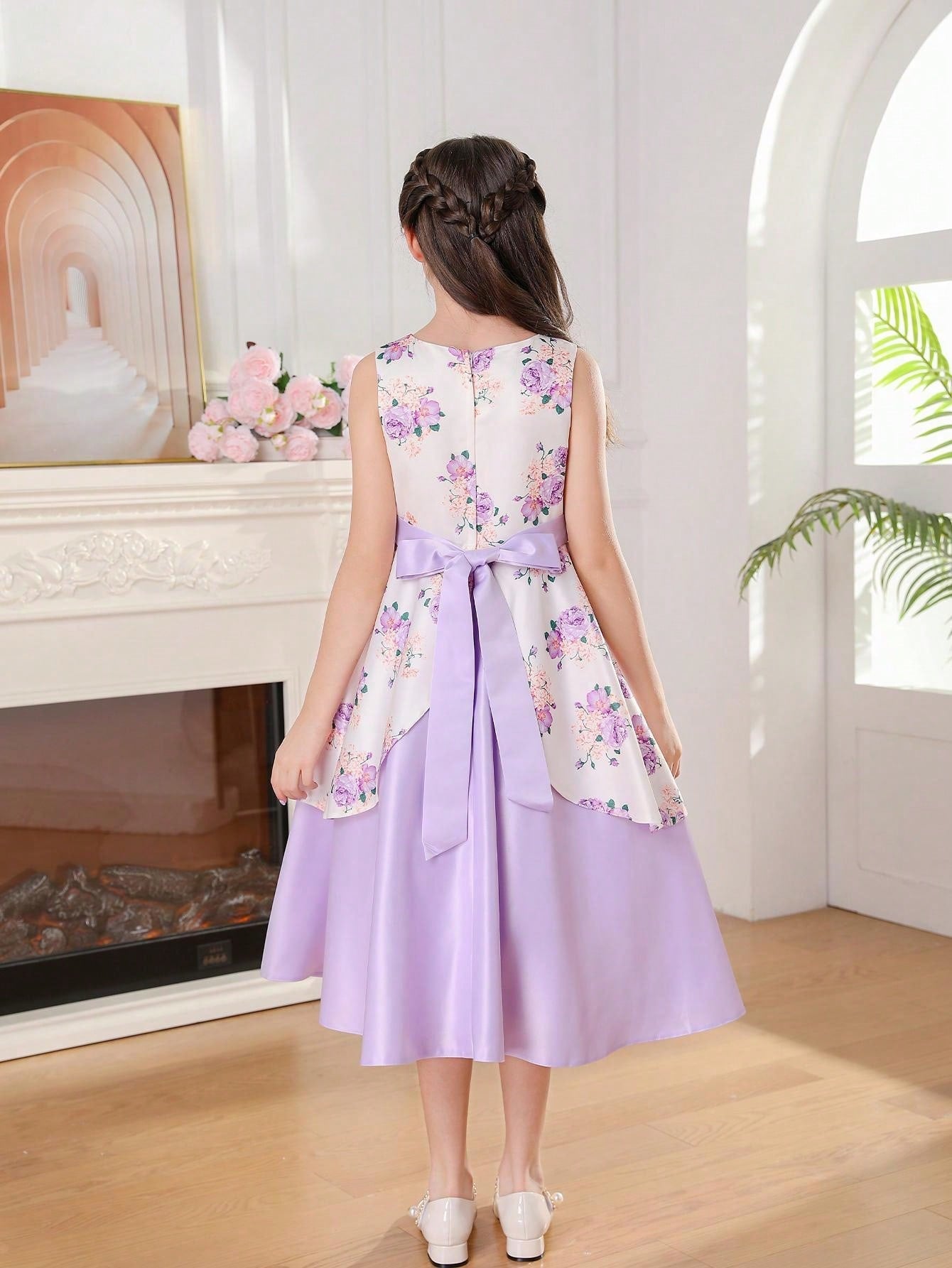 Elegant Tween Girl Flower Print Sleeveless Party Dress with Bow-Knot and Satin Hem