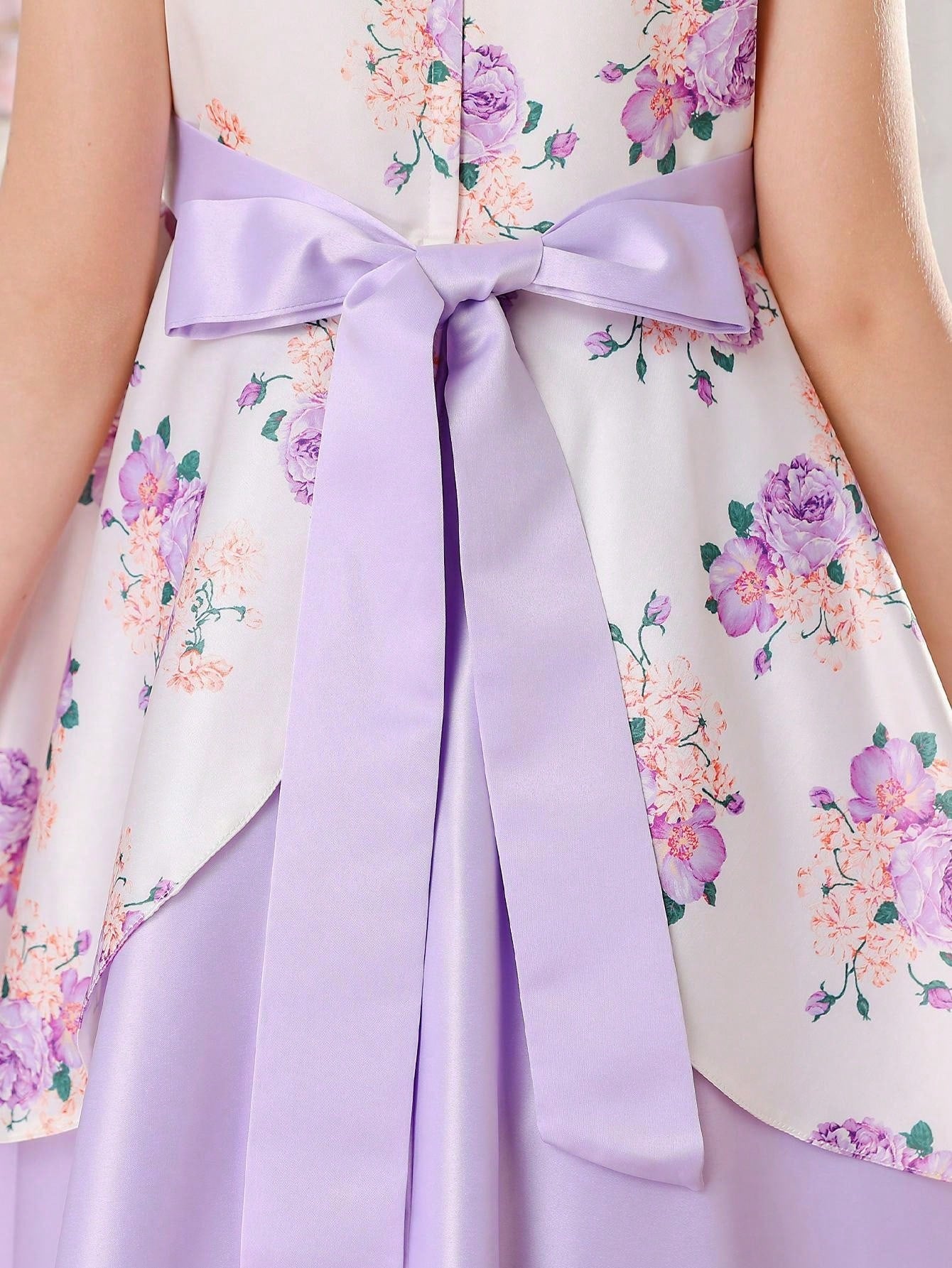 Elegant Tween Girl Flower Print Sleeveless Party Dress with Bow-Knot and Satin Hem