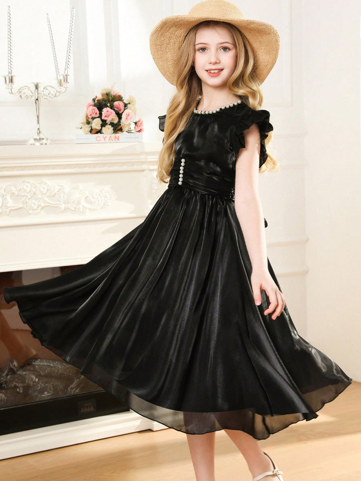 Tween Girl's Satin Flutter Sleeve Party Dress - A-Line, High Waist, Knee Length