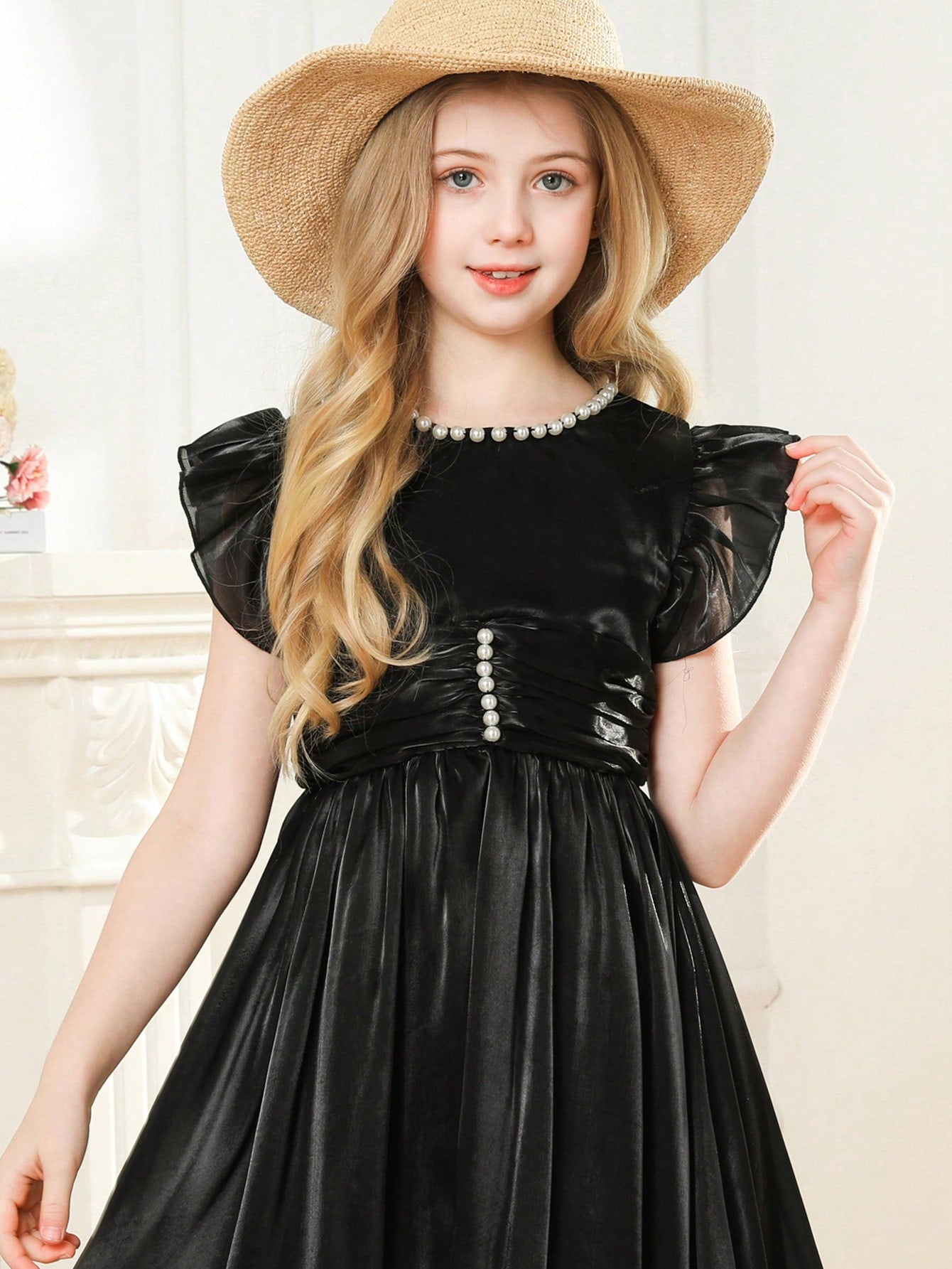 Tween Girl's Satin Flutter Sleeve Party Dress - A-Line, High Waist, Knee Length