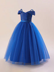 Tween Girl Elegant Long Sequined Off-Shoulder Party Dress - Fit & Flare, High Waist, Ball Gown