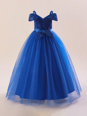 Tween Girl Elegant Long Sequined Off-Shoulder Party Dress - Fit & Flare, High Waist, Ball Gown