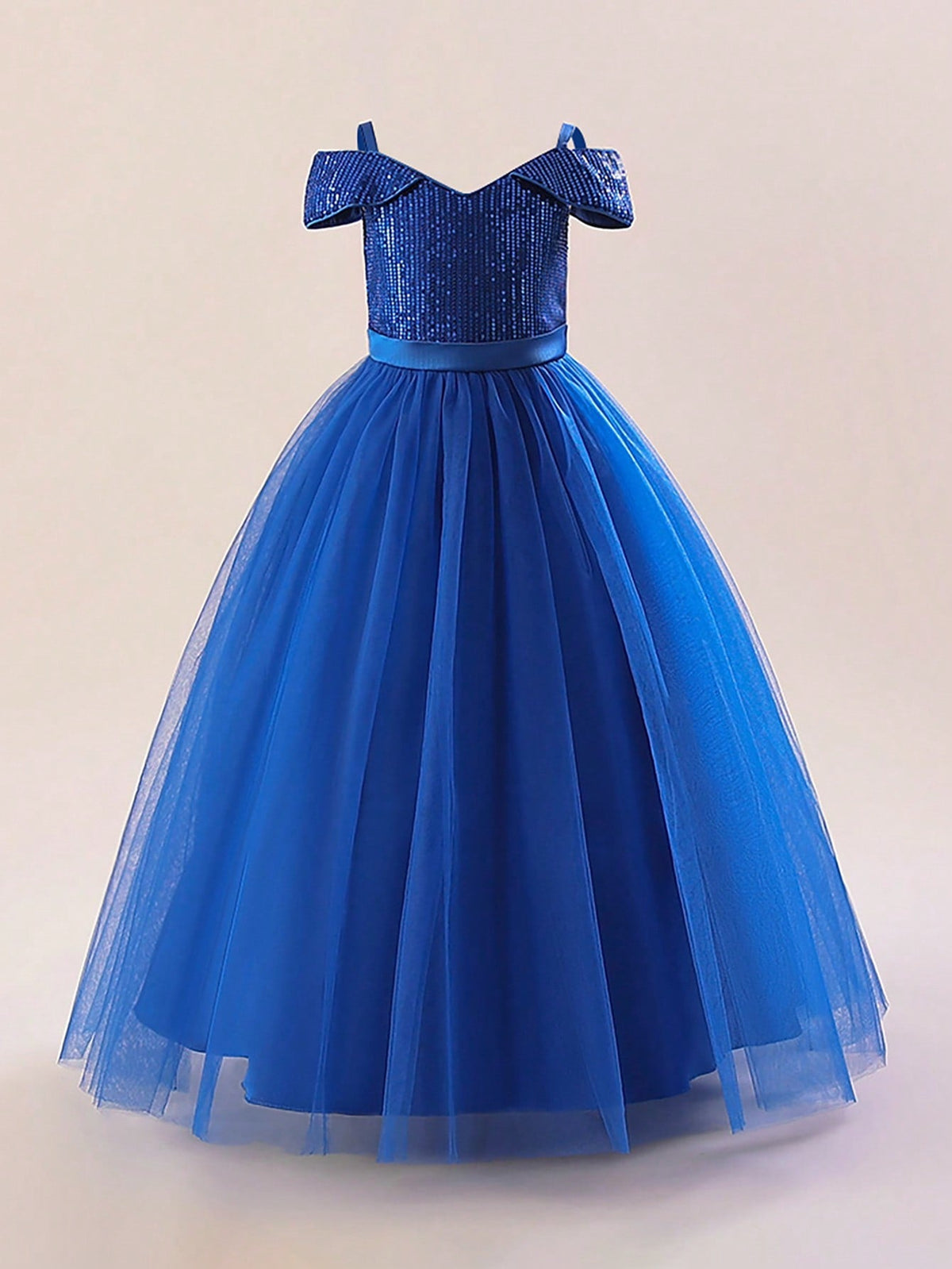 Tween Girl Elegant Long Sequined Off-Shoulder Party Dress - Fit & Flare, High Waist, Ball Gown