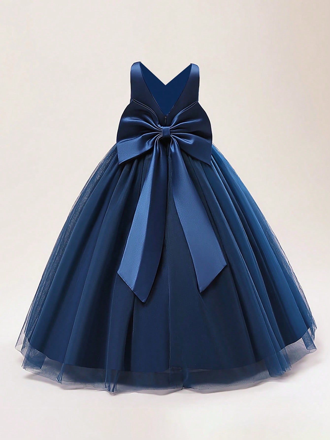 Tween Girl Party Dress - Bow Back, Mesh Hem, V Neck, Fit and Flare, High Waist