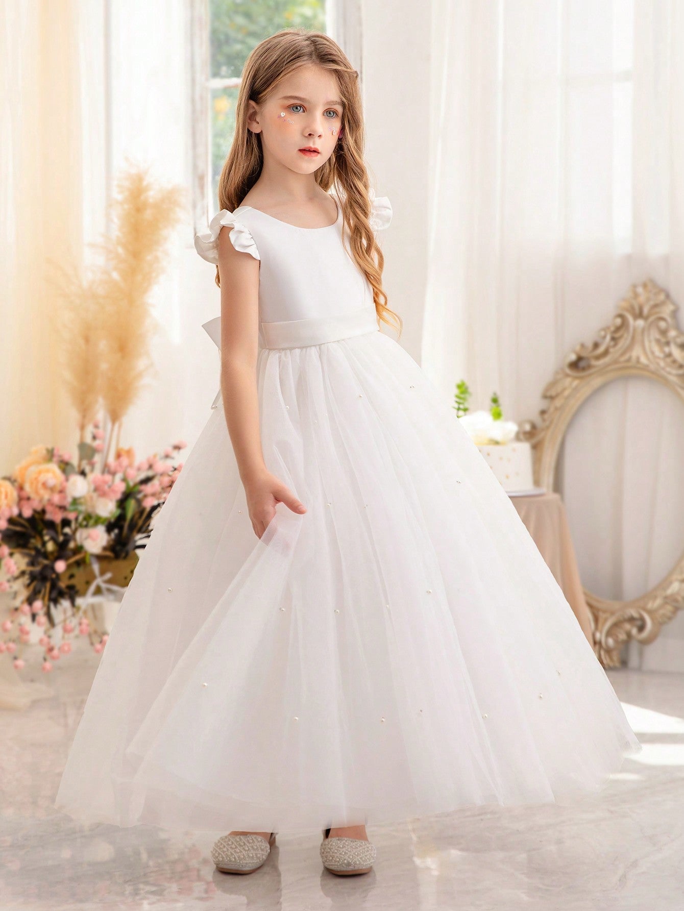 Tween Girl Ruffle Trimmed Bowknot Tulle Princess Dress - Birthday, Wedding, Party