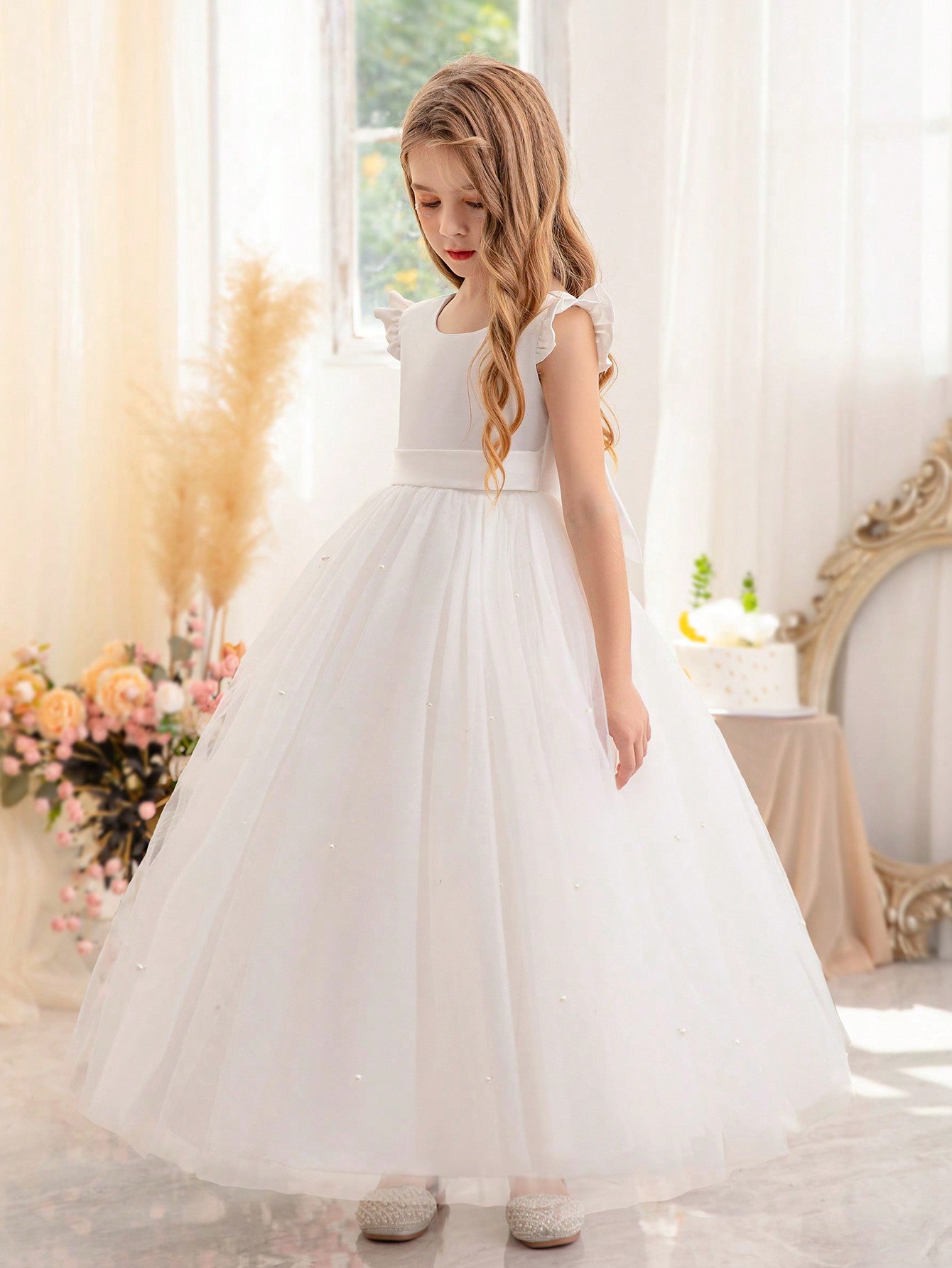 Tween Girl Ruffle Trimmed Bowknot Tulle Princess Dress - Birthday, Wedding, Party