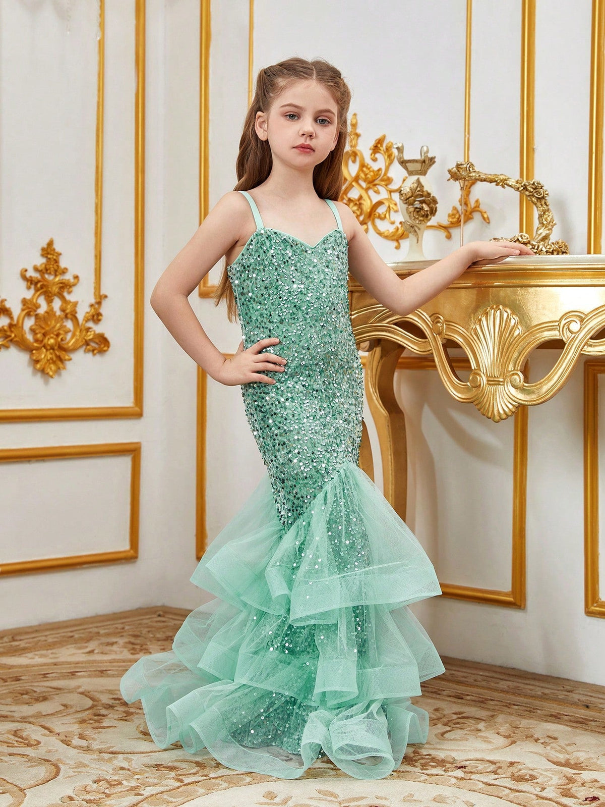 Tween Girl's Sparkly Mermaid Hem Cami Dress - Glitter, Party, Sleeveless, High Waist