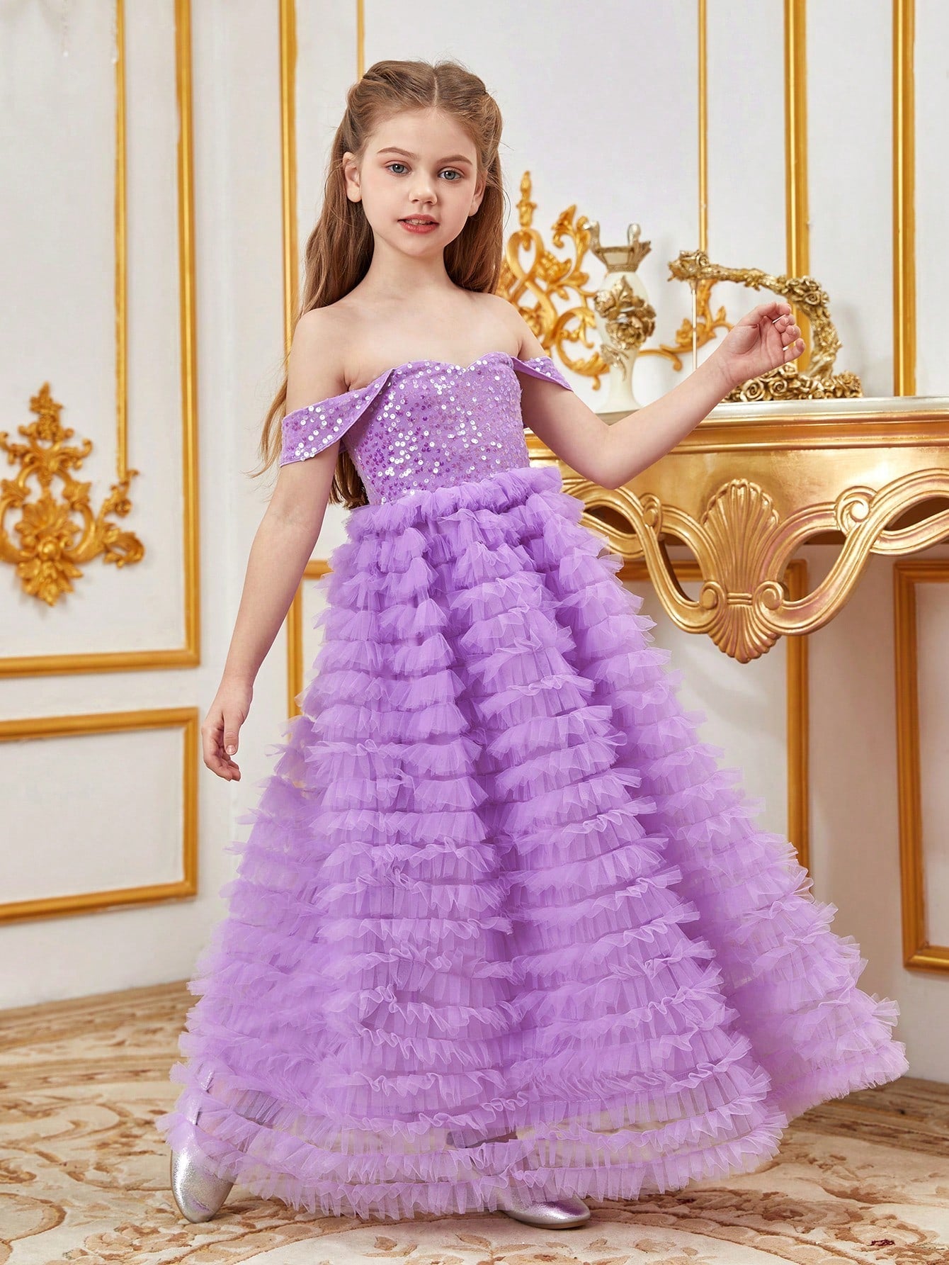 Tween Girl Off-Shoulder Sequined Party Dress - High Waist, Cold Shoulder, A-Line Ball Gown