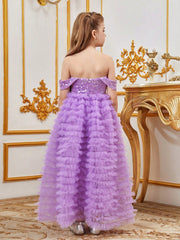 Tween Girl Off-Shoulder Sequined Party Dress - High Waist, Cold Shoulder, A-Line Ball Gown