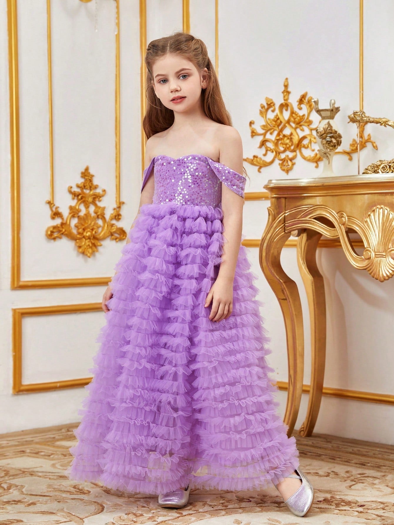 Tween Girl Off-Shoulder Sequined Party Dress - High Waist, Cold Shoulder, A-Line Ball Gown