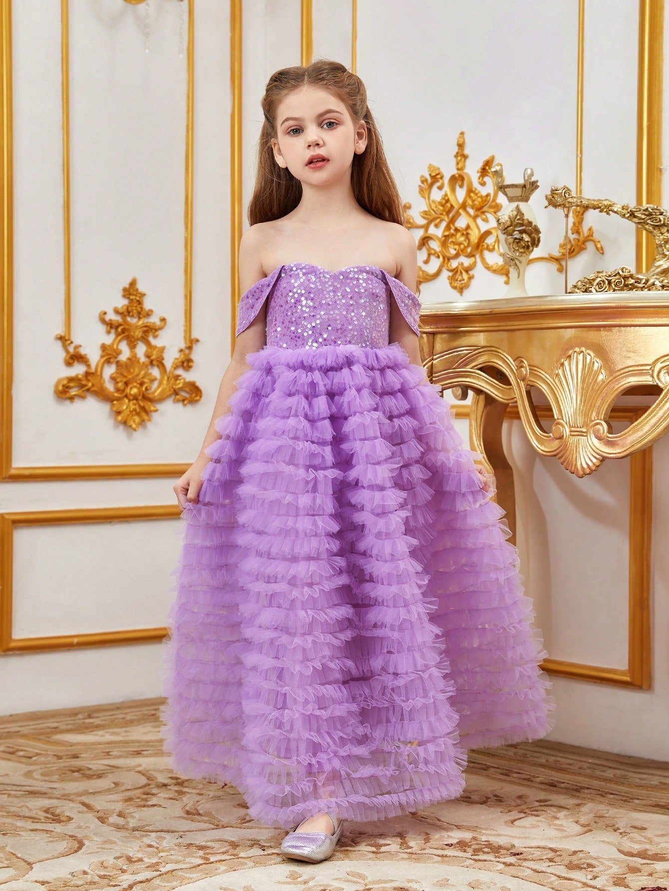 Tween Girl Off-Shoulder Sequined Party Dress - High Waist, Cold Shoulder, A-Line Ball Gown