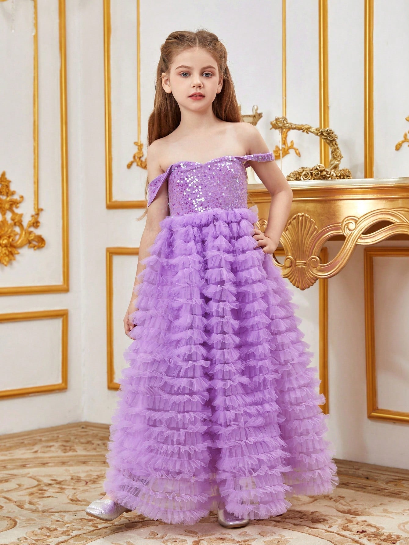 Tween Girl Off-Shoulder Sequined Party Dress - High Waist, Cold Shoulder, A-Line Ball Gown