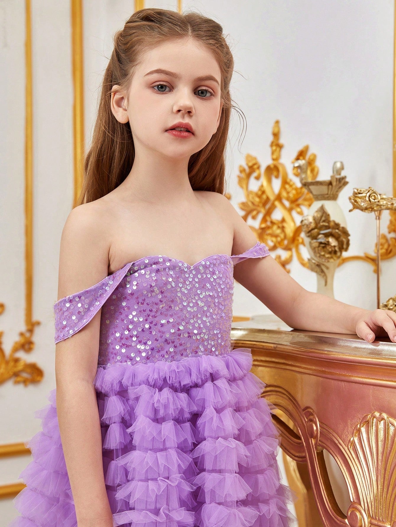 Tween Girl Off-Shoulder Sequined Party Dress - High Waist, Cold Shoulder, A-Line Ball Gown