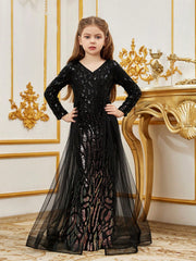 Tween Girl V Neck Long Sleeve Sequin Mesh Party Dress - High Waist Mermaid Fit