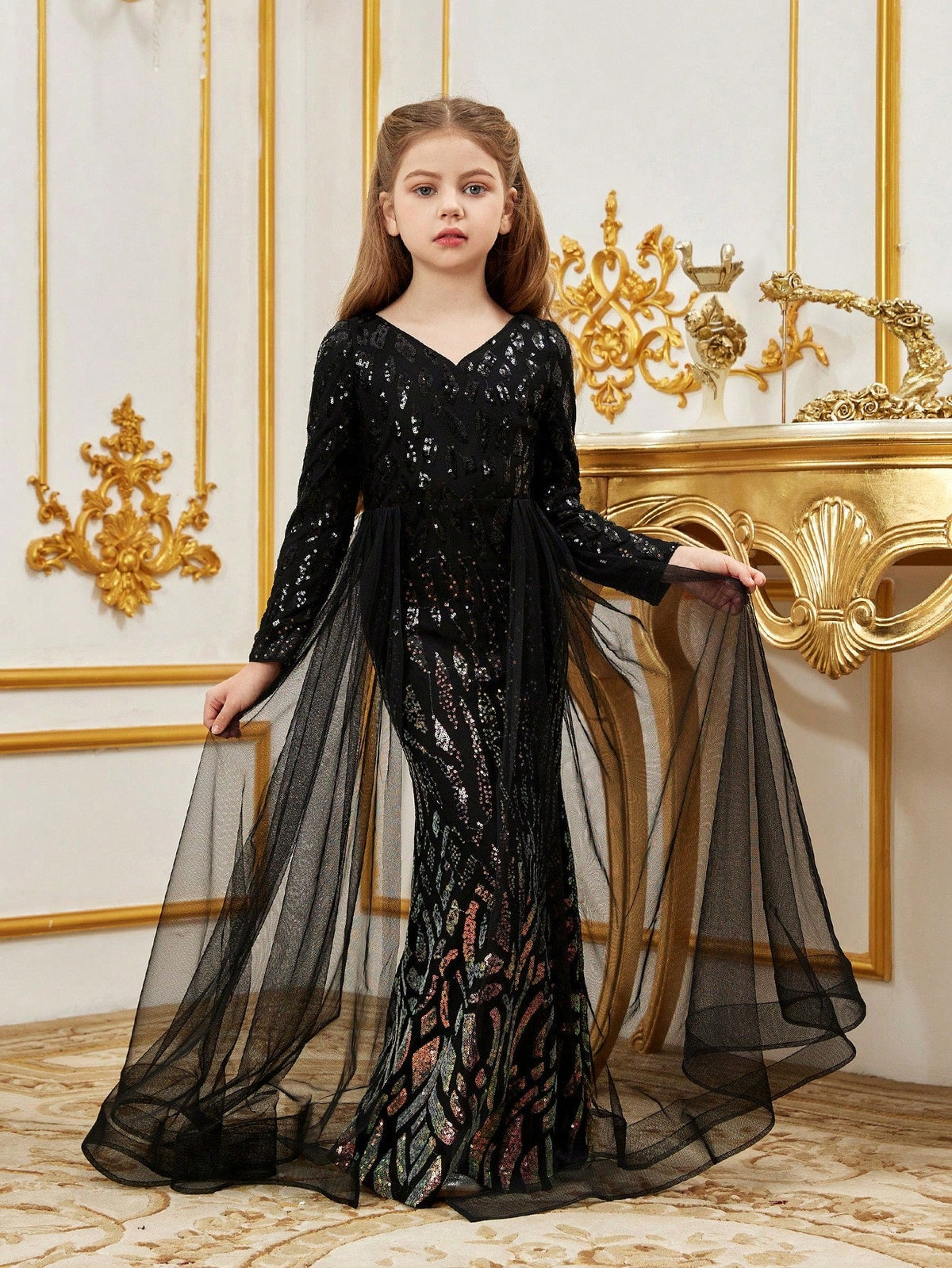 Tween Girl V Neck Long Sleeve Sequin Mesh Party Dress - High Waist Mermaid Fit