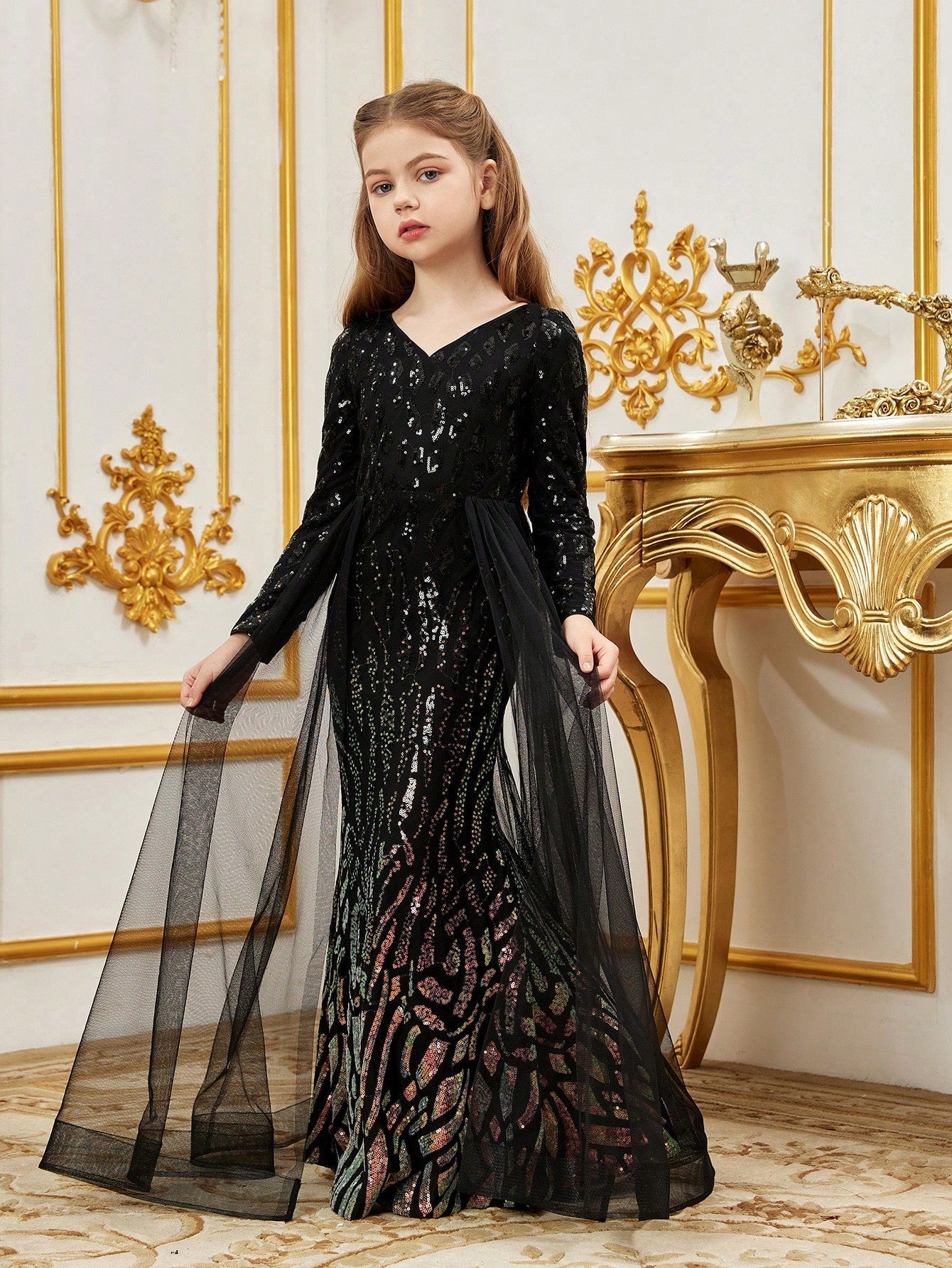 Tween Girl V Neck Long Sleeve Sequin Mesh Party Dress - High Waist Mermaid Fit