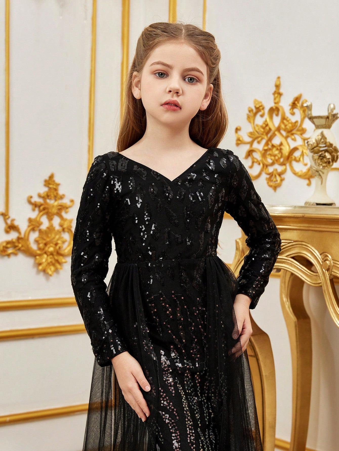 Tween Girl V Neck Long Sleeve Sequin Mesh Party Dress - High Waist Mermaid Fit