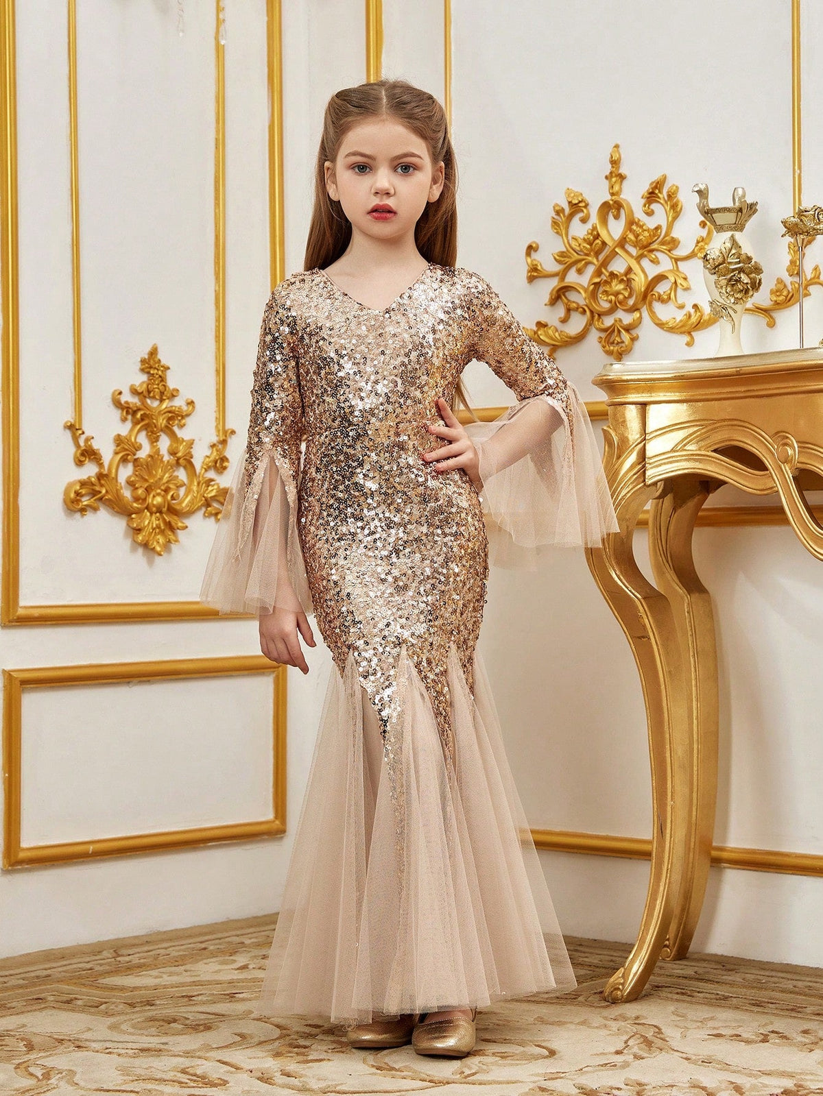 Tween Girl V-Neck Mermaid Dress - Long Sleeve, High Waist, Sequins, Party Ready