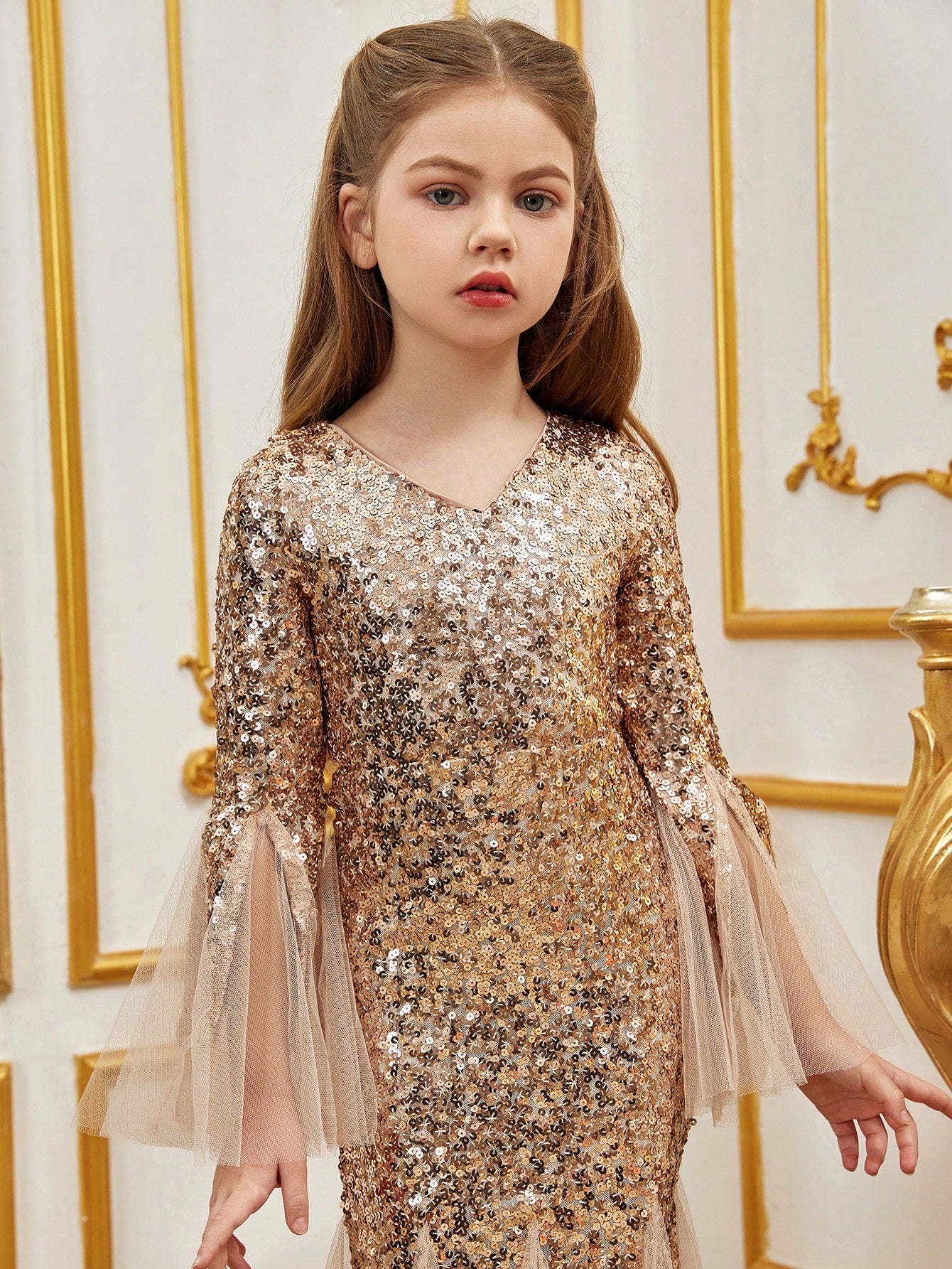 Tween Girl V-Neck Mermaid Dress - Long Sleeve, High Waist, Sequins, Party Ready