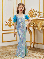 Tween Girl Sequined Mermaid Party Dress, Cold Shoulder, Spaghetti Strap, High Waist