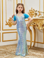 Tween Girl Sequined Mermaid Party Dress, Cold Shoulder, Spaghetti Strap, High Waist