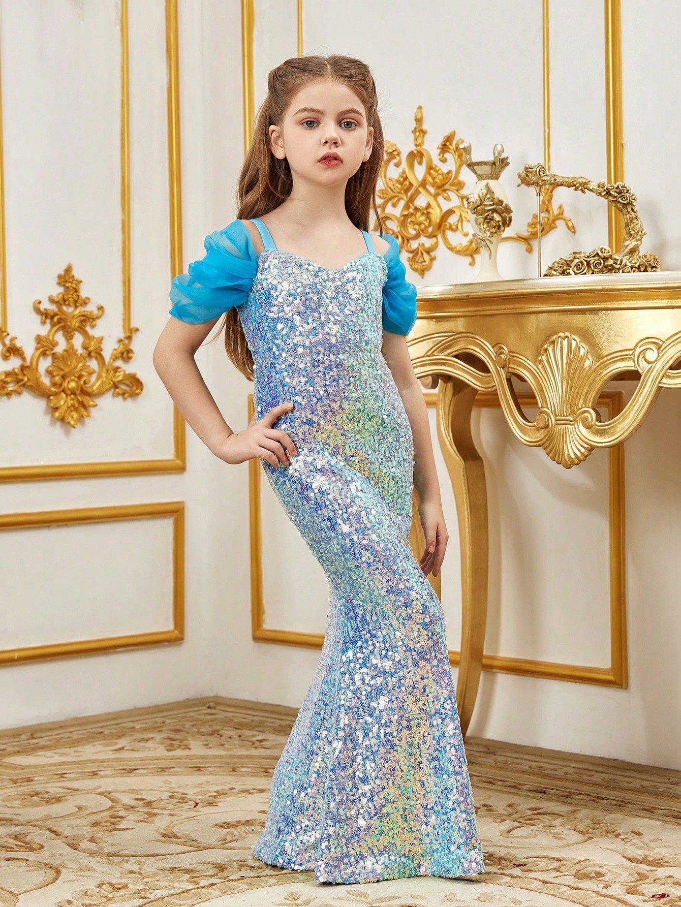 Tween Girl Sequined Mermaid Party Dress, Cold Shoulder, Spaghetti Strap, High Waist