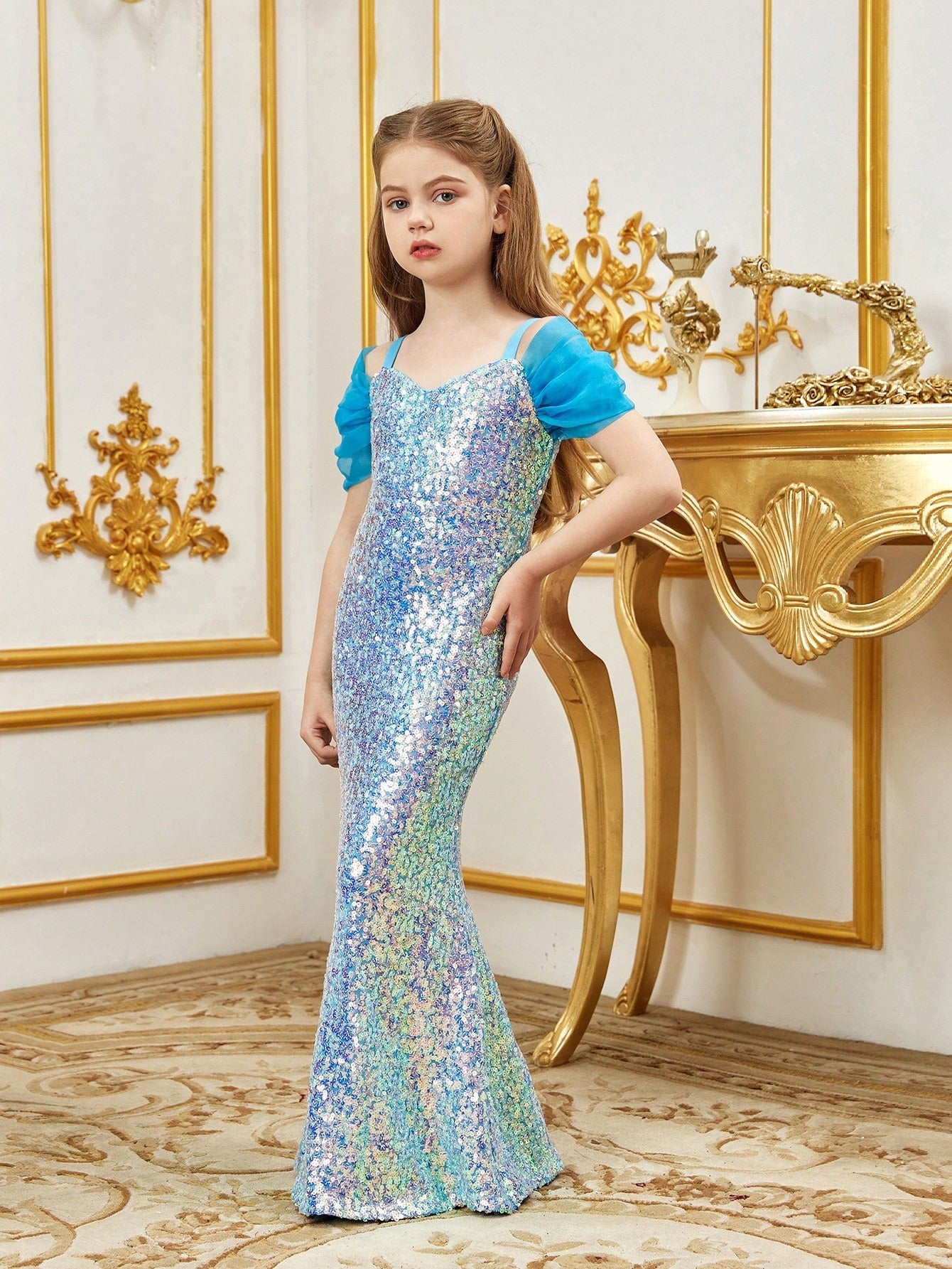 Tween Girl Sequined Mermaid Party Dress, Cold Shoulder, Spaghetti Strap, High Waist