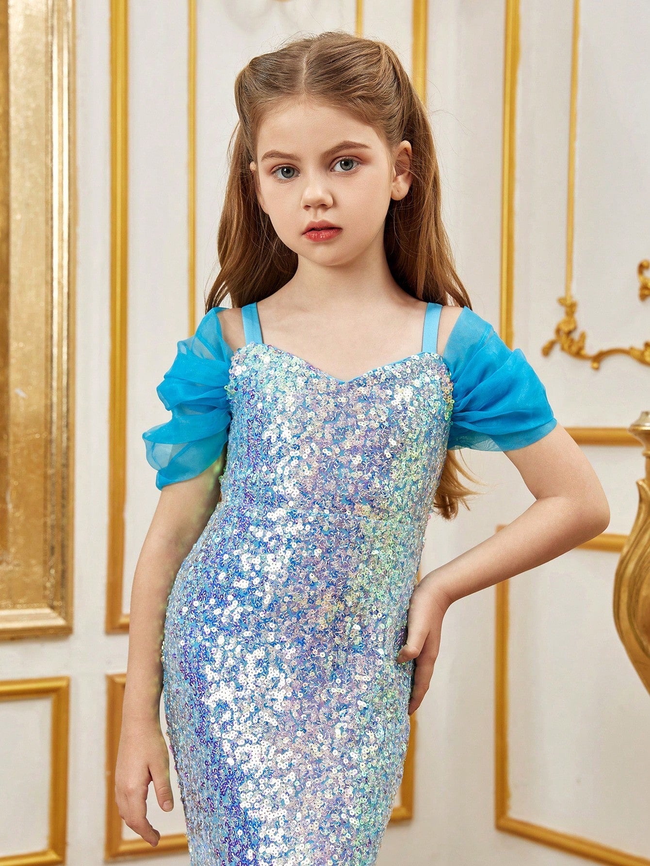 Tween Girl Sequined Mermaid Party Dress, Cold Shoulder, Spaghetti Strap, High Waist